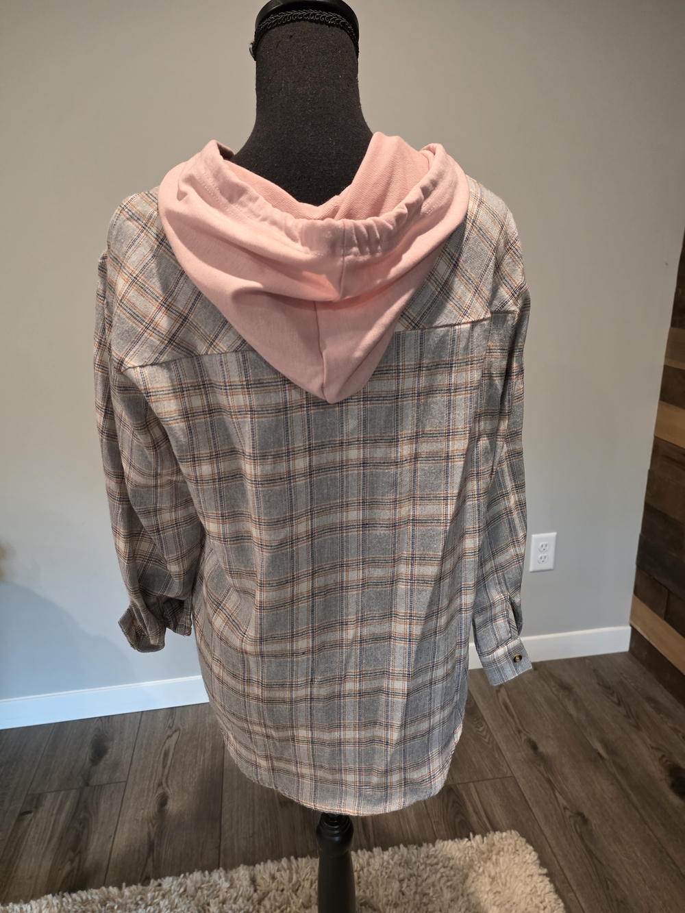 Plaid Button-Front Hoodie Shirt with Pink Hood - Picture 2 of 2